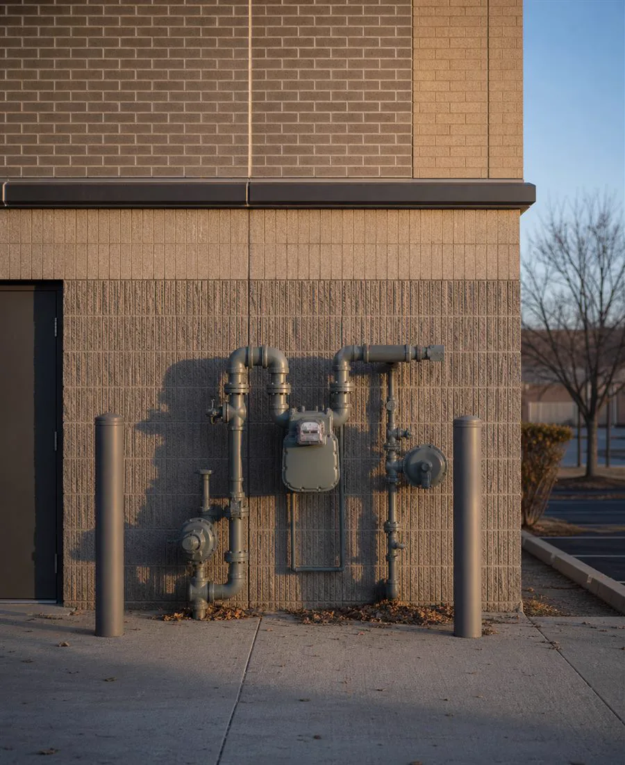 Commercial building facade with a centered gas service entrance