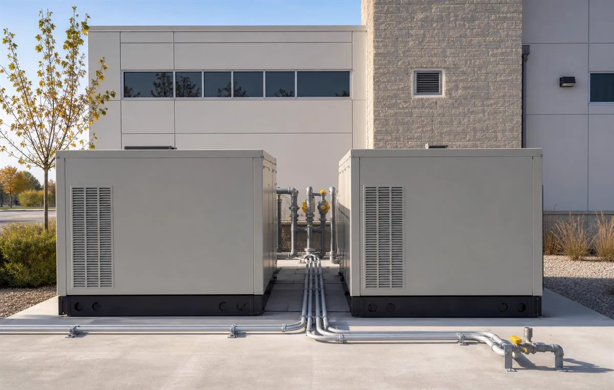 Compact natural gas generator enclosures installed on a concrete pad outside a commercial facility